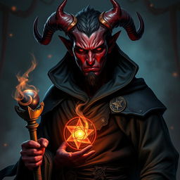A male infernal tiefling warlock showcasing his dark, mysterious aura