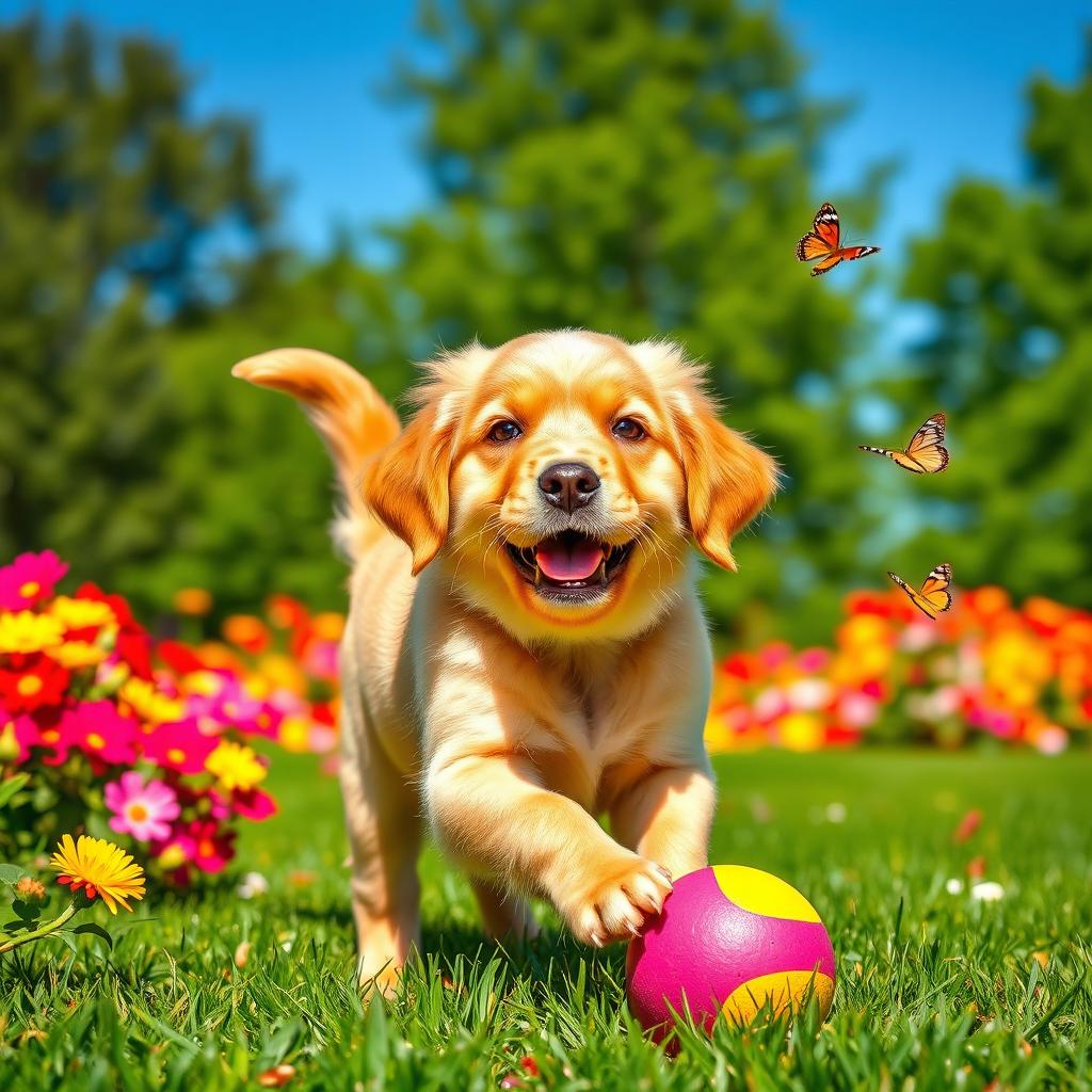 A playful golden retriever puppy with bright, expressive eyes, wagging its tail excitedly while playing with a colorful rubber ball in a sunny green park filled with vibrant flowers and a clear blue sky in the background