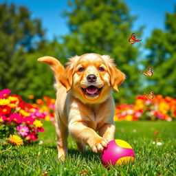 A playful golden retriever puppy with bright, expressive eyes, wagging its tail excitedly while playing with a colorful rubber ball in a sunny green park filled with vibrant flowers and a clear blue sky in the background