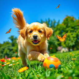 A playful golden retriever puppy with bright, expressive eyes, wagging its tail excitedly while playing with a colorful rubber ball in a sunny green park filled with vibrant flowers and a clear blue sky in the background