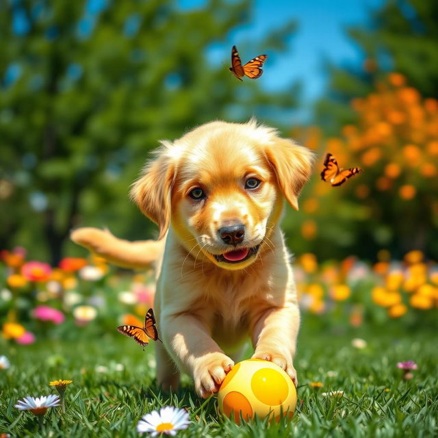 A playful golden retriever puppy with bright, expressive eyes, wagging its tail excitedly while playing with a colorful rubber ball in a sunny green park filled with vibrant flowers and a clear blue sky in the background