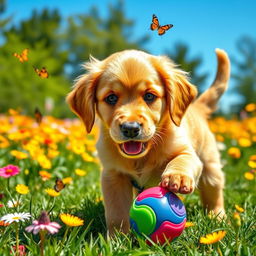 A playful golden retriever puppy with bright, expressive eyes, wagging its tail excitedly while playing with a colorful rubber ball in a sunny green park filled with vibrant flowers and a clear blue sky in the background