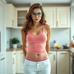 A full-body portrait of a 26-year-old Swedish female personal trainer in a kitchen setting