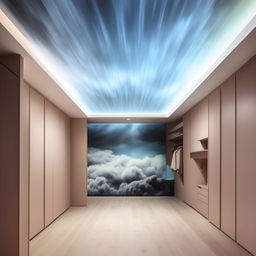 Generate an image of a large room with a cloudscape painted on the ceiling. In the middle, a bed attached to the wall, next to it a grand mirror and sizable wardrobe filled with compartments. The soft matted floor and a wall-encompassed waterfall opposite the bed create serene ambiance. An empty wall boasts a light-dark colour gradient. Lastly, incorporate a spacious study table and wall-fitted shelves.