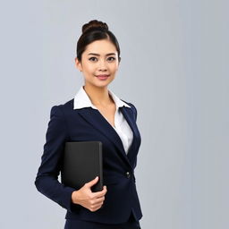 A formal portrait of a businesswoman standing confidently, wearing a well-tailored navy blue suit, crisp white blouse, and black heels