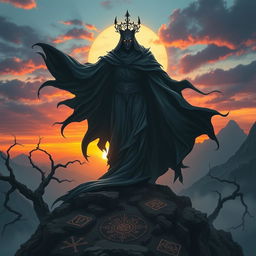 A majestic, dark figure known as the Shadow Monarch, draped in a flowing black cloak that billows with an ethereal glow