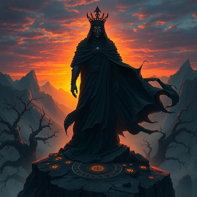A majestic, dark figure known as the Shadow Monarch, draped in a flowing black cloak that billows with an ethereal glow