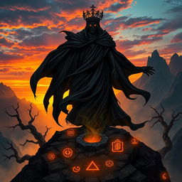 A majestic, dark figure known as the Shadow Monarch, draped in a flowing black cloak that billows with an ethereal glow