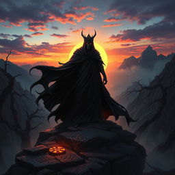 A majestic, dark figure known as the Shadow Monarch, draped in a flowing black cloak that billows with an ethereal glow