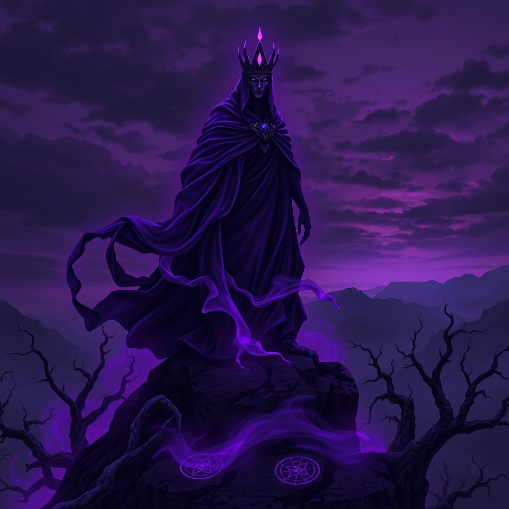 A majestic, dark figure known as the Shadow Monarch, draped in a flowing cloak of deep purple that swirls with hints of dark shadows