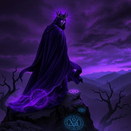 A majestic, dark figure known as the Shadow Monarch, draped in a flowing cloak of deep purple that swirls with hints of dark shadows