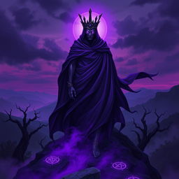 A majestic, dark figure known as the Shadow Monarch, draped in a flowing cloak of deep purple that swirls with hints of dark shadows