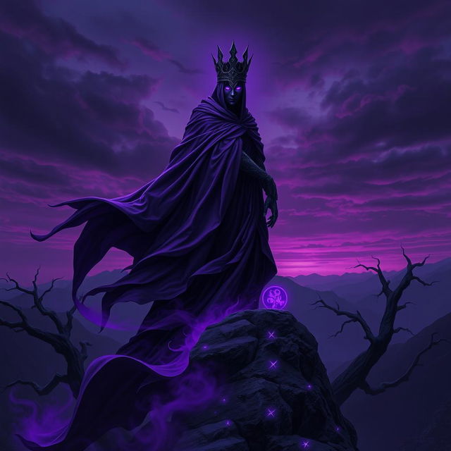 A majestic, dark figure known as the Shadow Monarch, draped in a flowing cloak of deep purple that swirls with hints of dark shadows