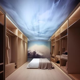 Generate an image of a large room with a cloudscape painted on the ceiling. In the middle, a bed attached to the wall, next to it a grand mirror and sizable wardrobe filled with compartments. The soft matted floor and a wall-encompassed waterfall opposite the bed create serene ambiance. An empty wall boasts a light-dark colour gradient. Lastly, incorporate a spacious study table and wall-fitted shelves.