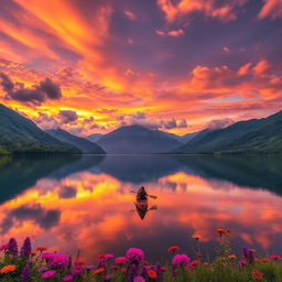 A stunning landscape scene featuring a majestic sunset over a serene lake surrounded by lush mountains