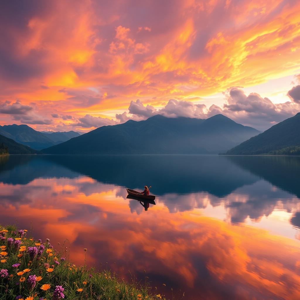 A stunning landscape scene featuring a majestic sunset over a serene lake surrounded by lush mountains