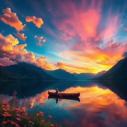 A stunning landscape scene featuring a majestic sunset over a serene lake surrounded by lush mountains