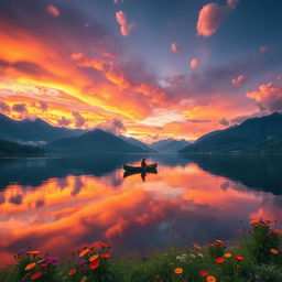 A stunning landscape scene featuring a majestic sunset over a serene lake surrounded by lush mountains