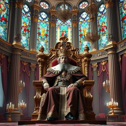 A regal scene featuring a majestic king sitting on a grand throne inside a magnificent palace