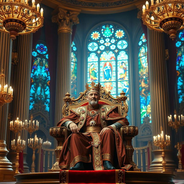 A regal scene featuring a majestic king sitting on a grand throne inside a magnificent palace