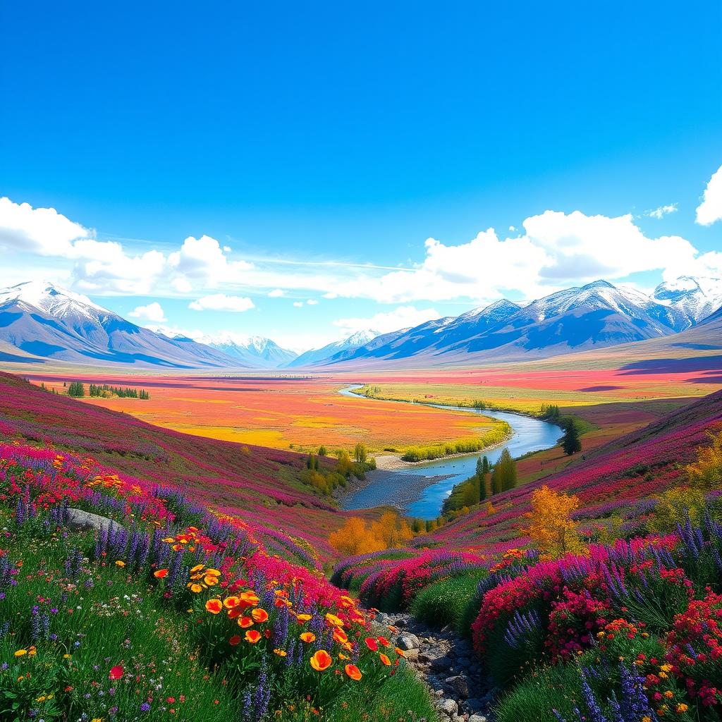 A vast and breathtaking landscape featuring a sweeping valley adorned with vibrant wildflowers in full bloom under a bright blue sky