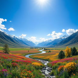 A vast and breathtaking landscape featuring a sweeping valley adorned with vibrant wildflowers in full bloom under a bright blue sky