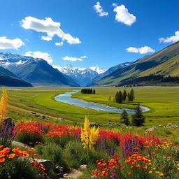 A vast and breathtaking landscape featuring a sweeping valley adorned with vibrant wildflowers in full bloom under a bright blue sky
