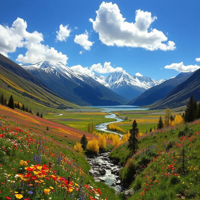 A vast and breathtaking landscape featuring a sweeping valley adorned with vibrant wildflowers in full bloom under a bright blue sky