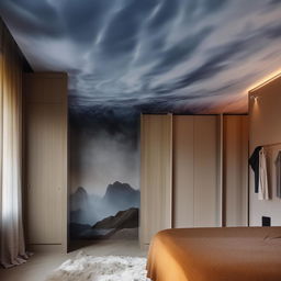 Imagine a large room with a cloud fresco on the ceiling. A bed is mounted in the middle of a wall, next to a wide mirror and a multi-compartment wardrobe. The floor is a cushy mat, with a landscape of a waterfall opposite the bed. An empty wall, with a gradient of light to dark colors, compliments a large study table and shelving units on another wall.