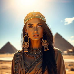 A stunning Egyptian beauty with striking features, wearing a traditional flowing garment adorned with intricate gold jewelry, including large hoop earrings and a decorative headpiece