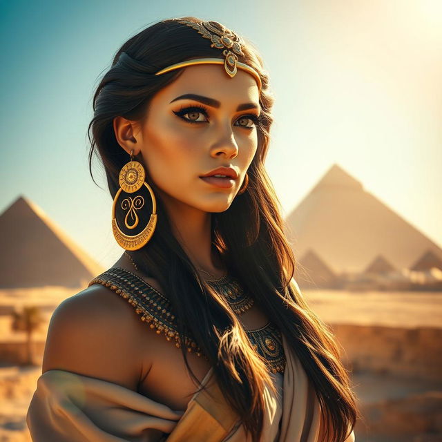 A stunning Egyptian beauty with striking features, wearing a traditional flowing garment adorned with intricate gold jewelry, including large hoop earrings and a decorative headpiece