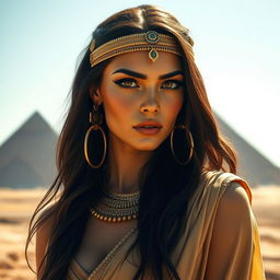 A stunning Egyptian beauty with striking features, wearing a traditional flowing garment adorned with intricate gold jewelry, including large hoop earrings and a decorative headpiece