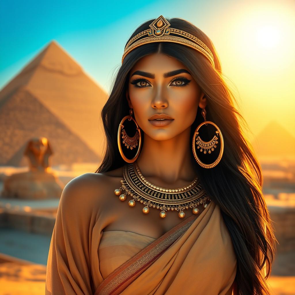 A stunning Egyptian beauty with striking features, wearing a traditional flowing garment adorned with intricate gold jewelry, including large hoop earrings and a decorative headpiece