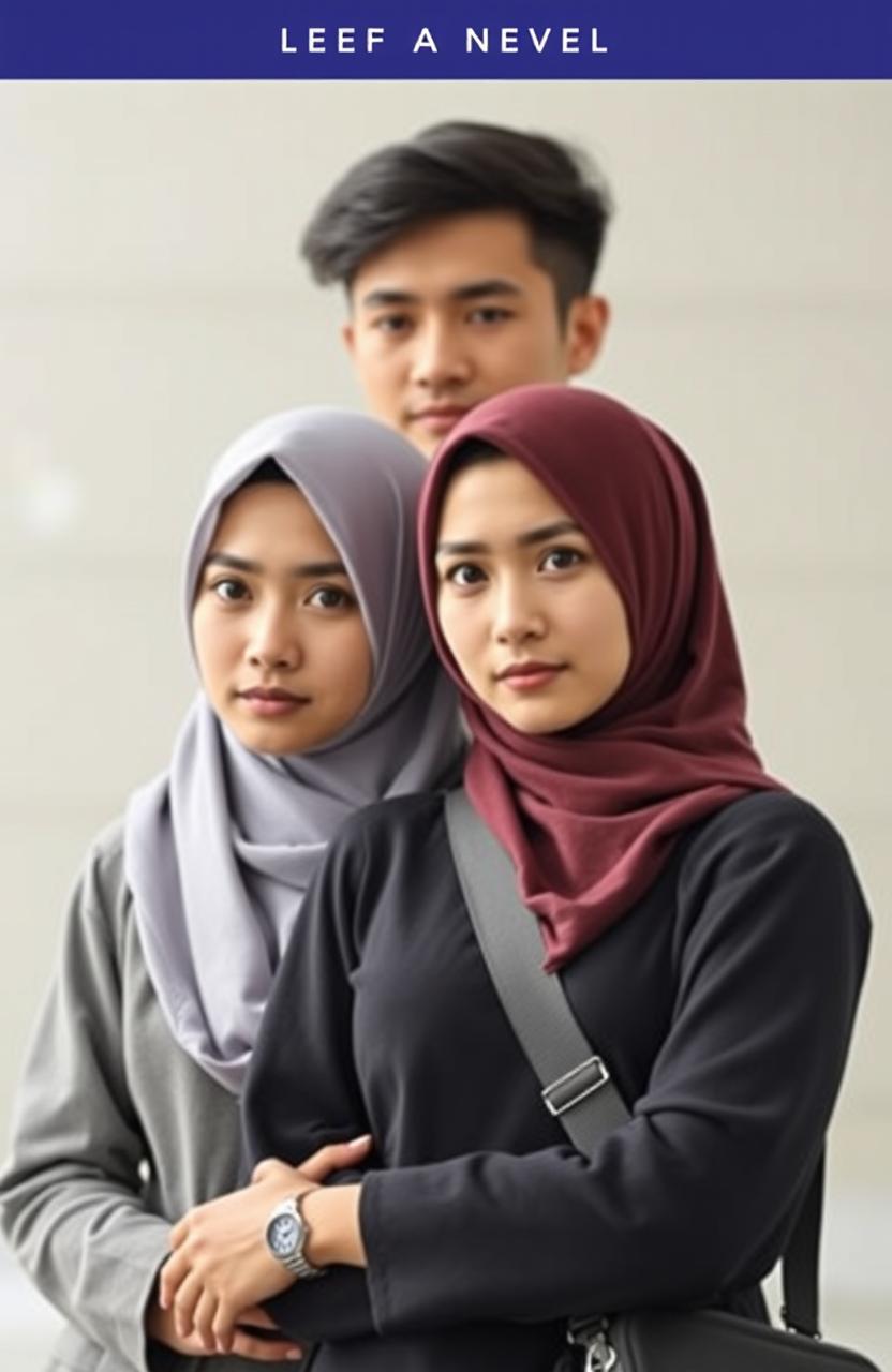 A novel cover featuring a handsome male student and a beautiful female lecturer wearing a hijab