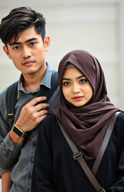 A novel cover featuring a handsome male student and a beautiful female lecturer wearing a hijab