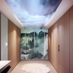 Imagine a large room with a cloud fresco on the ceiling. A bed is mounted in the middle of a wall, next to a wide mirror and a multi-compartment wardrobe. The floor is a cushy mat, with a landscape of a waterfall opposite the bed. An empty wall, with a gradient of light to dark colors, compliments a large study table and shelving units on another wall.