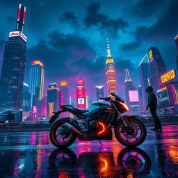 A striking nighttime cityscape illuminated by vibrant neon lights, showcasing a futuristic skyline filled with extraordinary architecture, including towering skyscrapers with glass facades and intricate designs