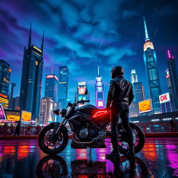 A striking nighttime cityscape illuminated by vibrant neon lights, showcasing a futuristic skyline filled with extraordinary architecture, including towering skyscrapers with glass facades and intricate designs