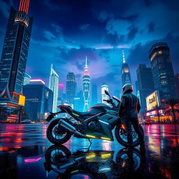 A striking nighttime cityscape illuminated by vibrant neon lights, showcasing a futuristic skyline filled with extraordinary architecture, including towering skyscrapers with glass facades and intricate designs