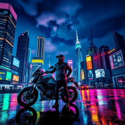 A striking nighttime cityscape illuminated by vibrant neon lights, showcasing a futuristic skyline filled with extraordinary architecture, including towering skyscrapers with glass facades and intricate designs
