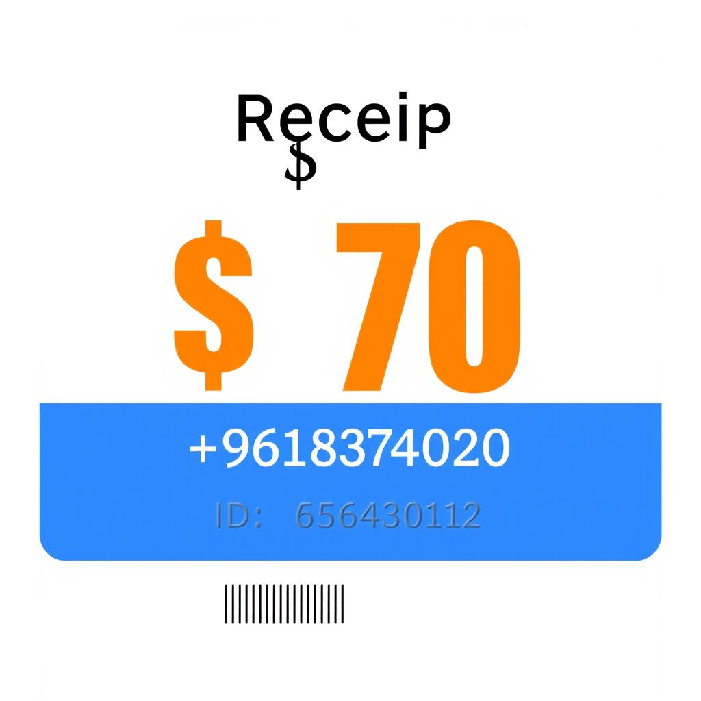 An edited receipt design, featuring a prominent '$70' amount displayed in bold at the top center, with a phone number '+96181374020' in clear, legible text below the total