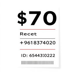 An edited receipt design, featuring a prominent '$70' amount displayed in bold at the top center, with a phone number '+96181374020' in clear, legible text below the total