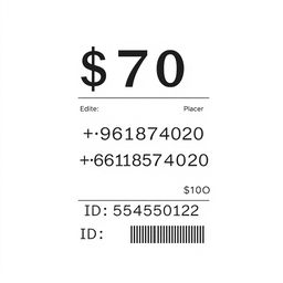 An edited receipt design, featuring a prominent '$70' amount displayed in bold at the top center, with a phone number '+96181374020' in clear, legible text below the total