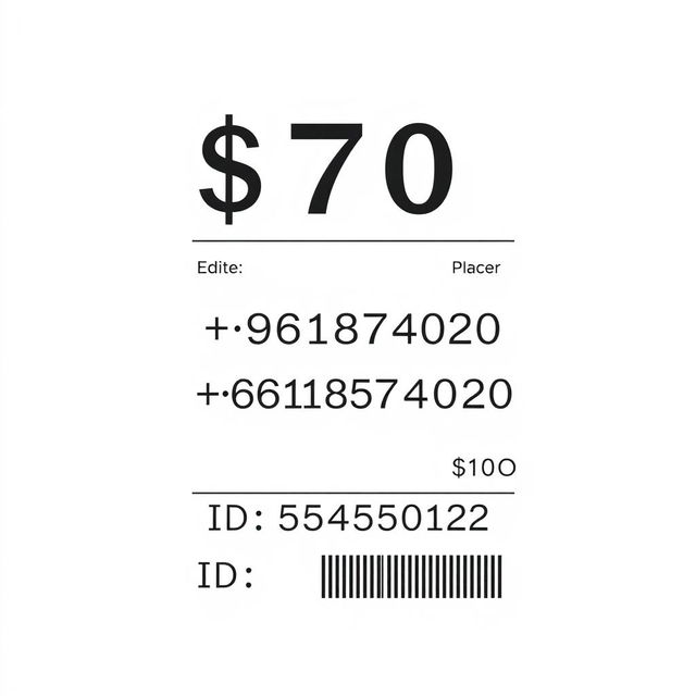 An edited receipt design, featuring a prominent '$70' amount displayed in bold at the top center, with a phone number '+96181374020' in clear, legible text below the total