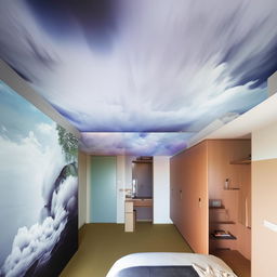 Imagine a large room with a cloud fresco on the ceiling. A bed is mounted in the middle of a wall, next to a wide mirror and a multi-compartment wardrobe. The floor is a cushy mat, with a landscape of a waterfall opposite the bed. An empty wall, with a gradient of light to dark colors, compliments a large study table and shelving units on another wall.