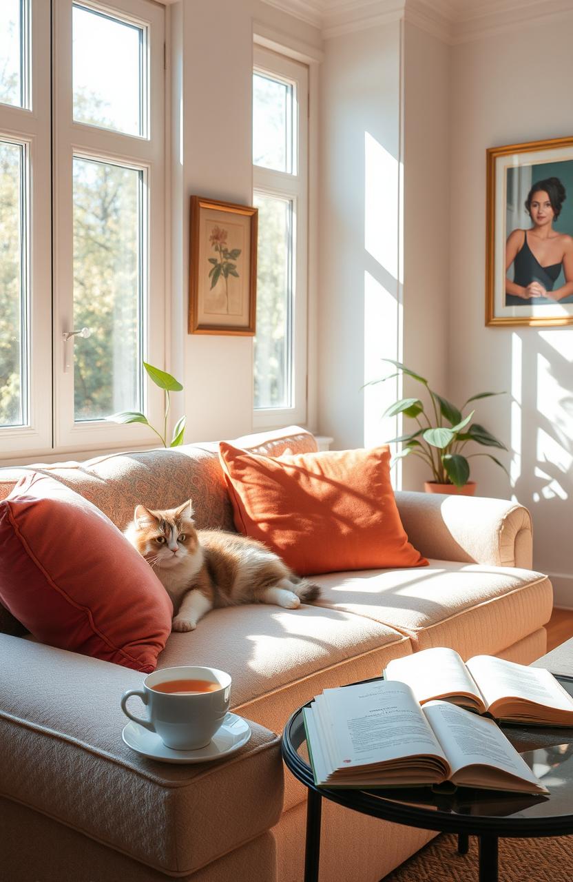 A serene and inviting scene of a lazy afternoon in a cozy living room