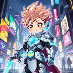 A cyber knight anime-style character, featuring a cute boy with bright, expressive eyes and a charming smile