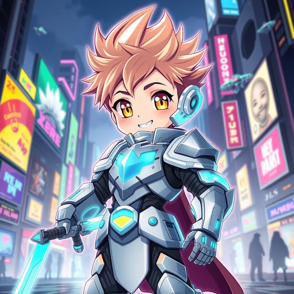 A cyber knight anime-style character, featuring a cute boy with bright, expressive eyes and a charming smile