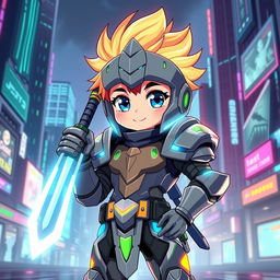 A cyber knight anime-style character, featuring a cute boy with bright, expressive eyes and a charming smile