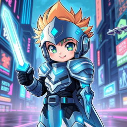 A cyber knight anime-style character, featuring a cute boy with bright, expressive eyes and a charming smile
